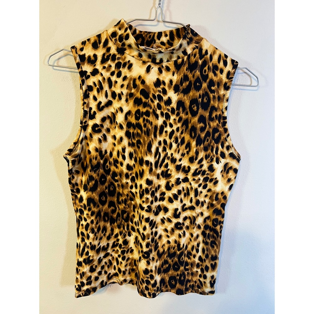 Olivia Rae Women Sleeveless Mock Neck Leopard Print Brown Medium